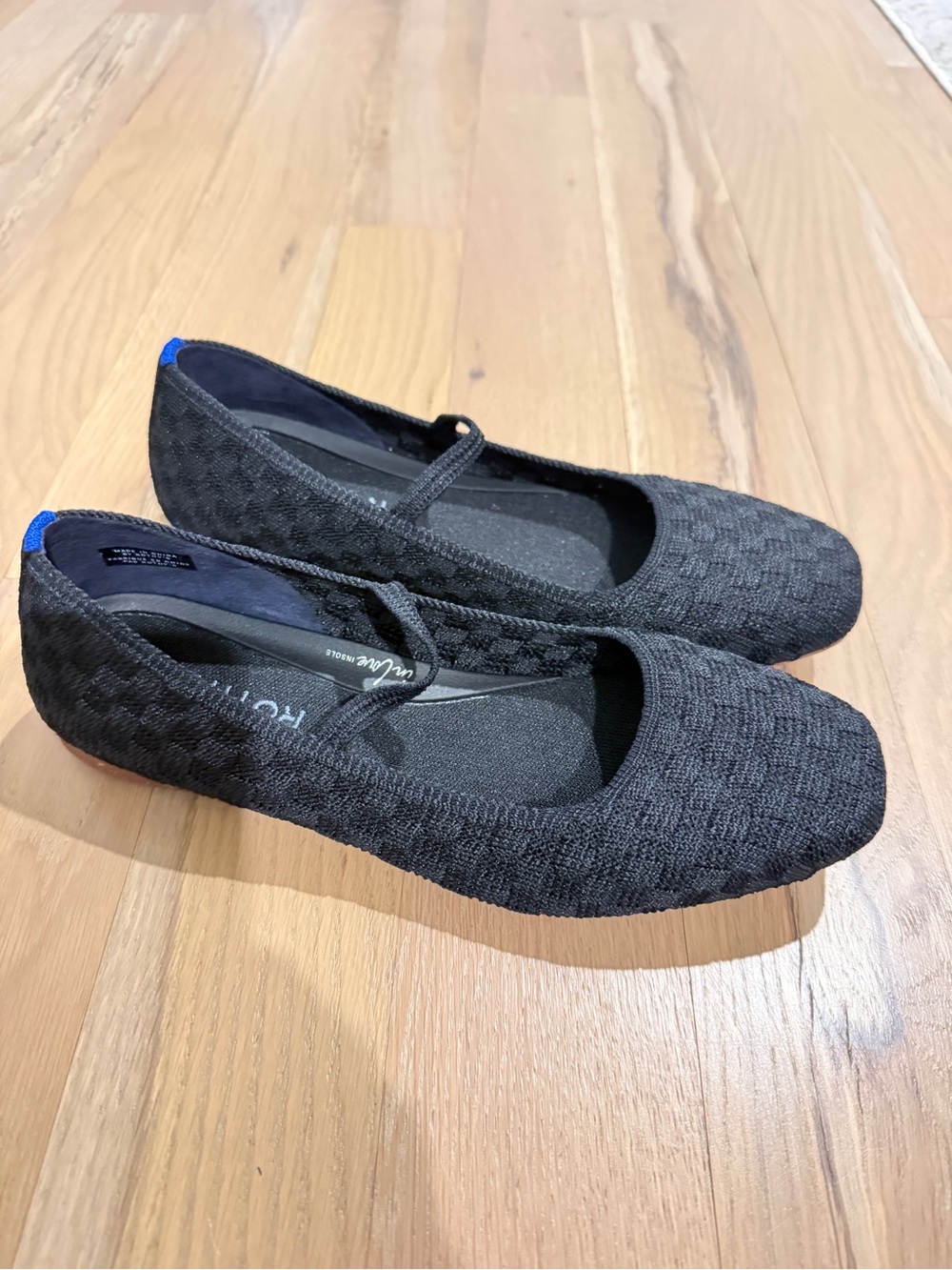 Rothy's Black Knit Mary Jane Flats with Blue Heel Tab Accent
